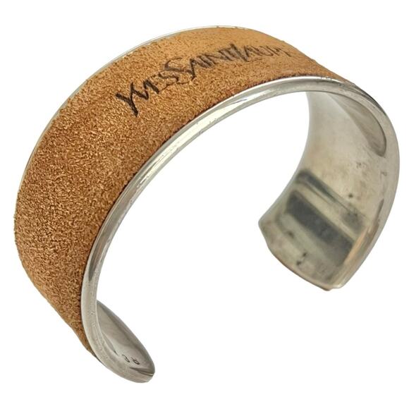 AUTH VTG Yves Saint Laurent YSL Sterling Silver Suede Leather Logo Cuff Bracelet - Picture 7 of 16